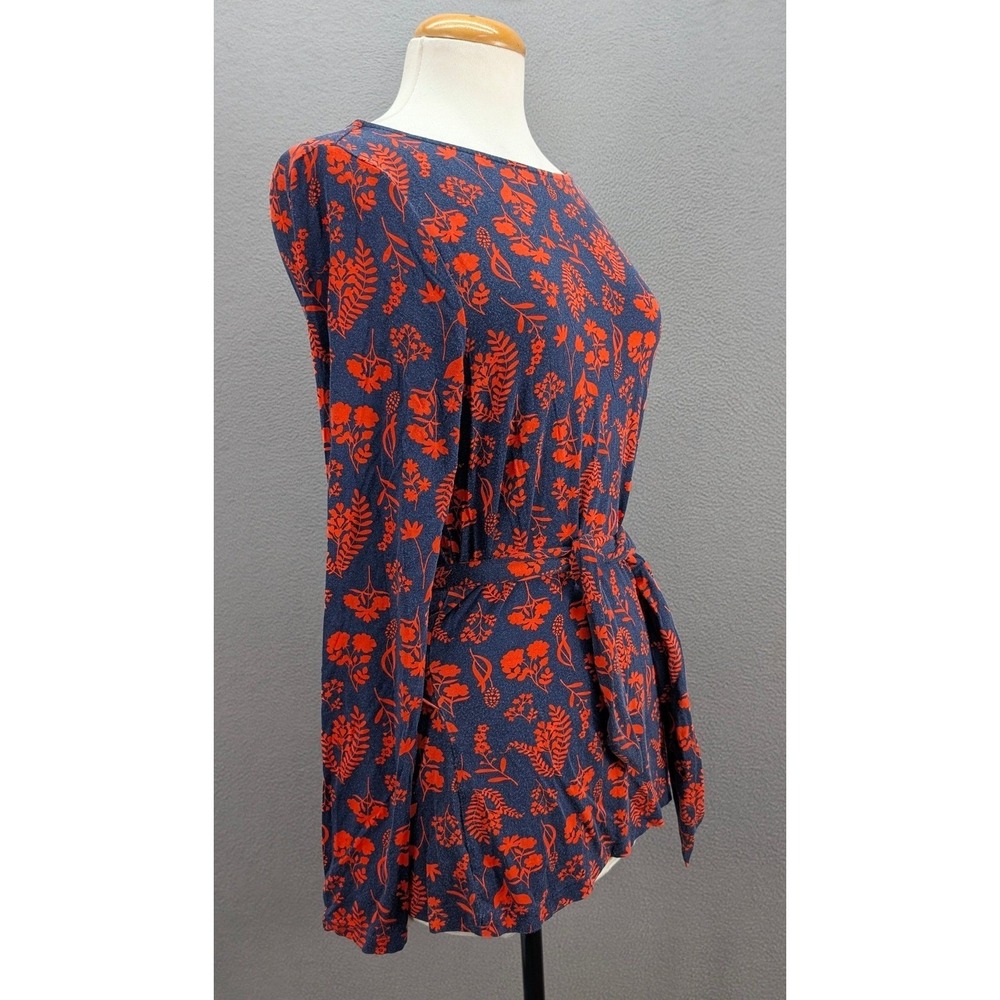 Boden Tunic Top Women's Size 10 Floral Belted Long Sleeve Navy Red Boho Peasant